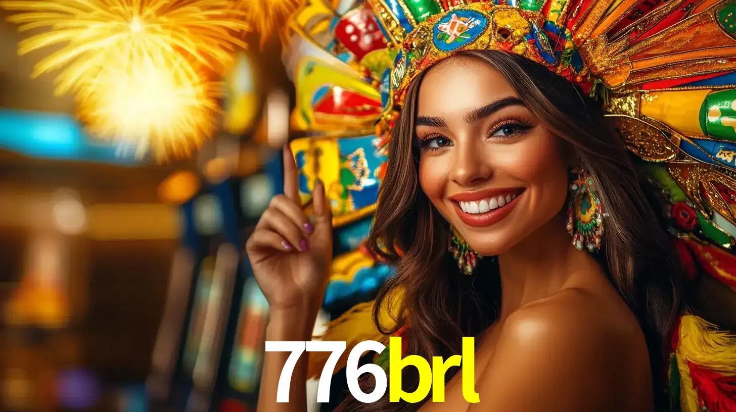Mulher sorridente com um cocar de carnaval vibrante e colorido, celebrando uma grande vitória nos jogos do cassino 776brl com fogos de artifício ao fundo.
