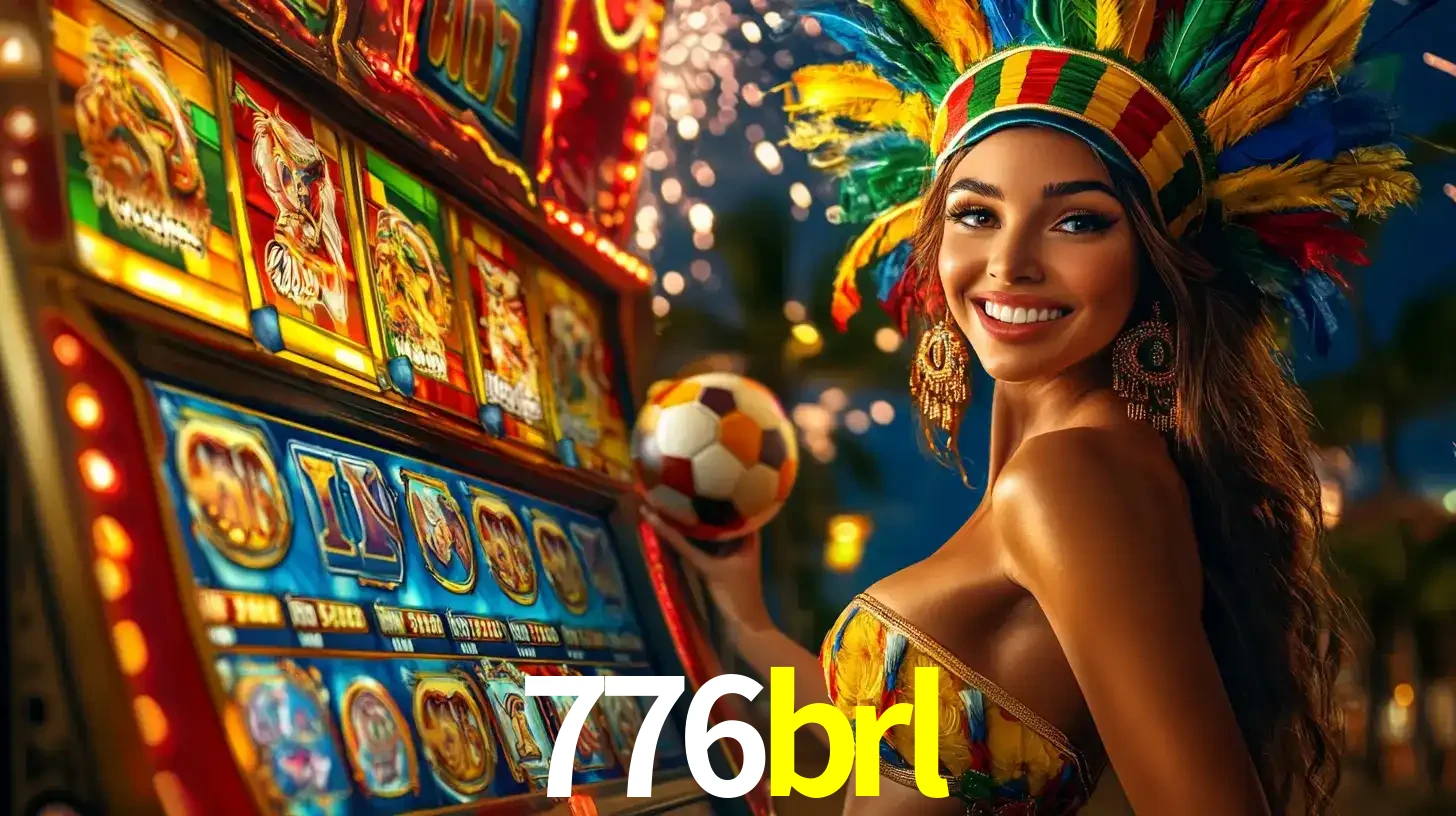 Mulher com um cocar de carnaval ao lado de uma máquina de caça-níqueis enquanto segura uma bola de futebol, mostrando a união da diversão de cassino e esportes no 776brl.
