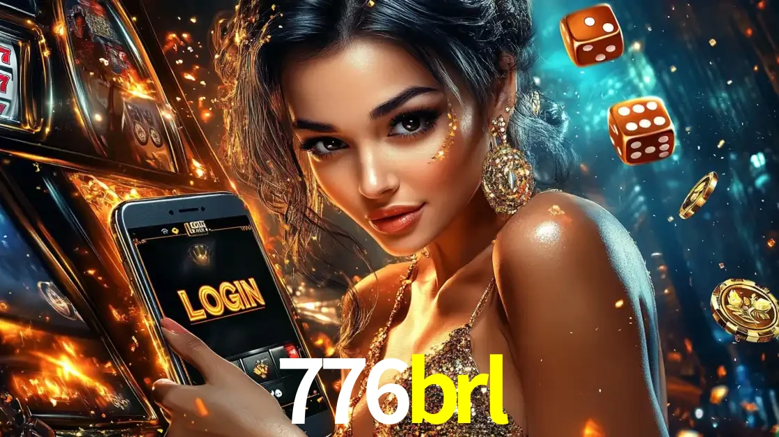 Mulher glamourosa segurando um celular com a tela de login do cassino 776brl, rodeada por dados e moedas douradas, pronta para começar a diversão.