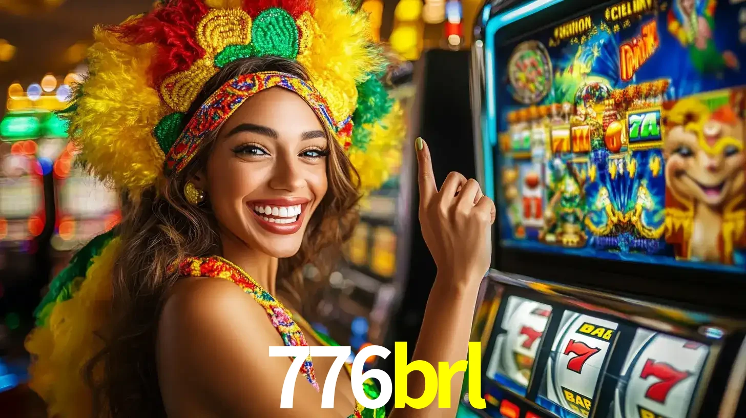 Mulher animada com um cocar de carnaval apontando para uma máquina de caça-níqueis, mostrando a emoção de ganhar um grande prêmio nos jogos do 776brl.