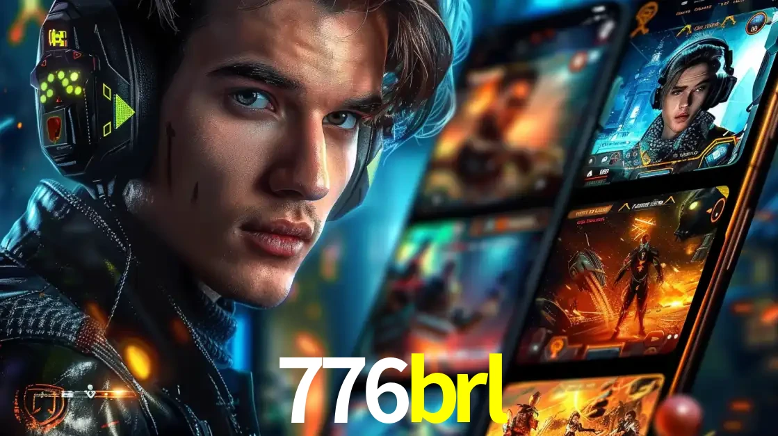 Jovem jogador com fones de ouvido olhando para a câmera, com um aplicativo de jogos e e-sports para celular ao fundo, pronto para a competição e apostas no 776brl.