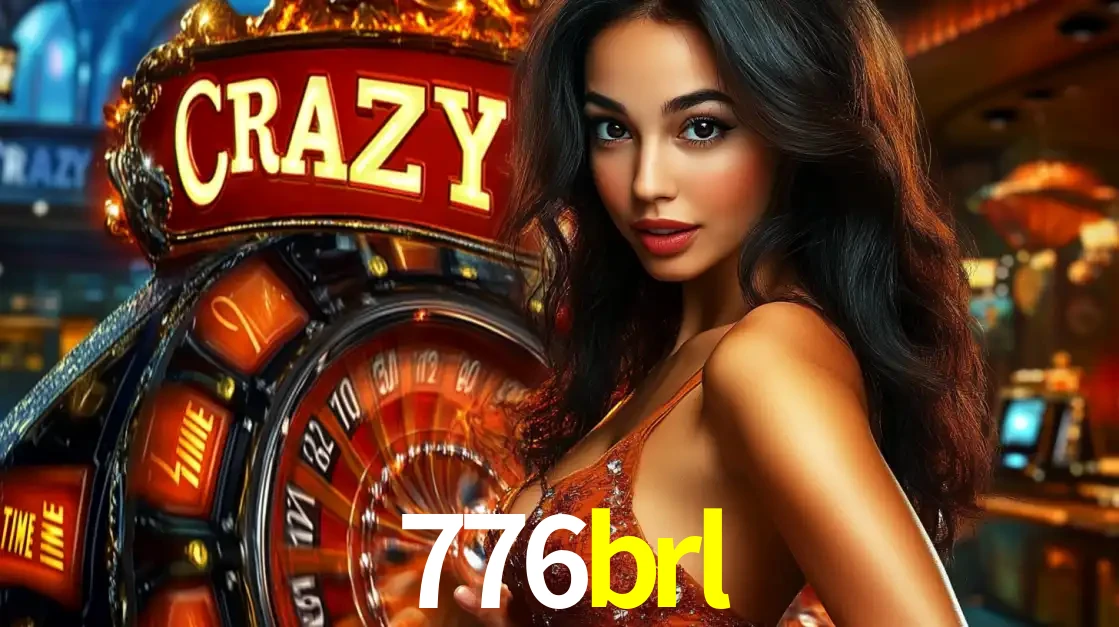 Mulher glamourosa olhando para a câmera com a roda vermelha do Crazy Time ao fundo em um ambiente de cassino, destacando a emoção dos jogos ao vivo no 776brl.