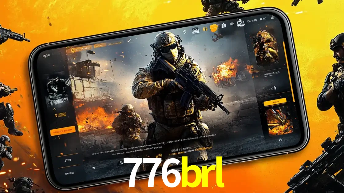 Um smartphone exibindo a interface de um jogo de tiro em primeira pessoa, com um soldado em um cenário de batalha, representando a ação dos e-sports para apostar no 776brl.