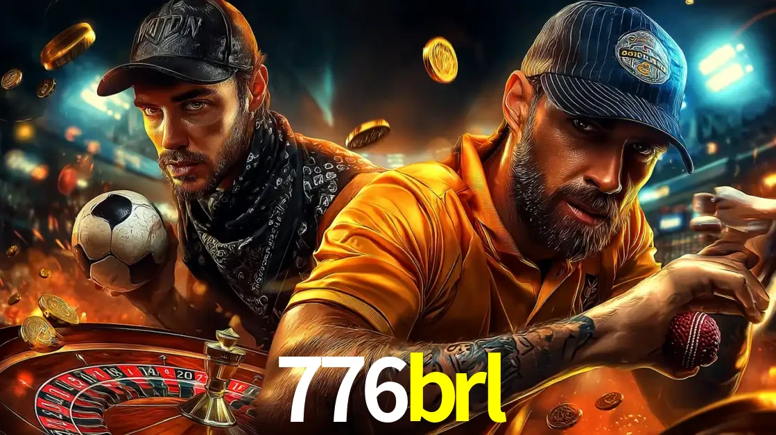 Montagem de apostas esportivas e cassino no 776brl, com um homem segurando uma bola de futebol e outro uma de beisebol sobre uma roleta e moedas voadoras.