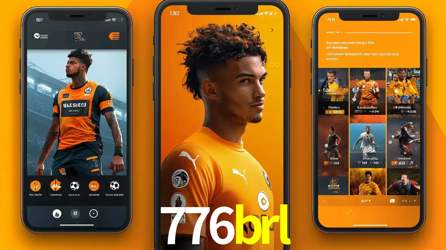 Interface do aplicativo de apostas esportivas 776brl em três telas de celular, mostrando o perfil de um jogador de futebol e a lista de jogos disponíveis para apostar.