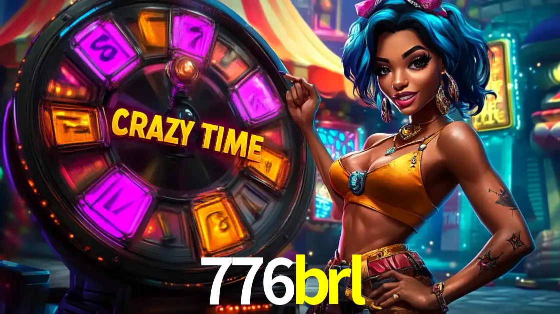 Mulher estilizada com cabelo azul e visual vibrante posando ao lado da roda de prêmios do game show Crazy Time, convidando para a diversão e os bônus do cassino 776brl.