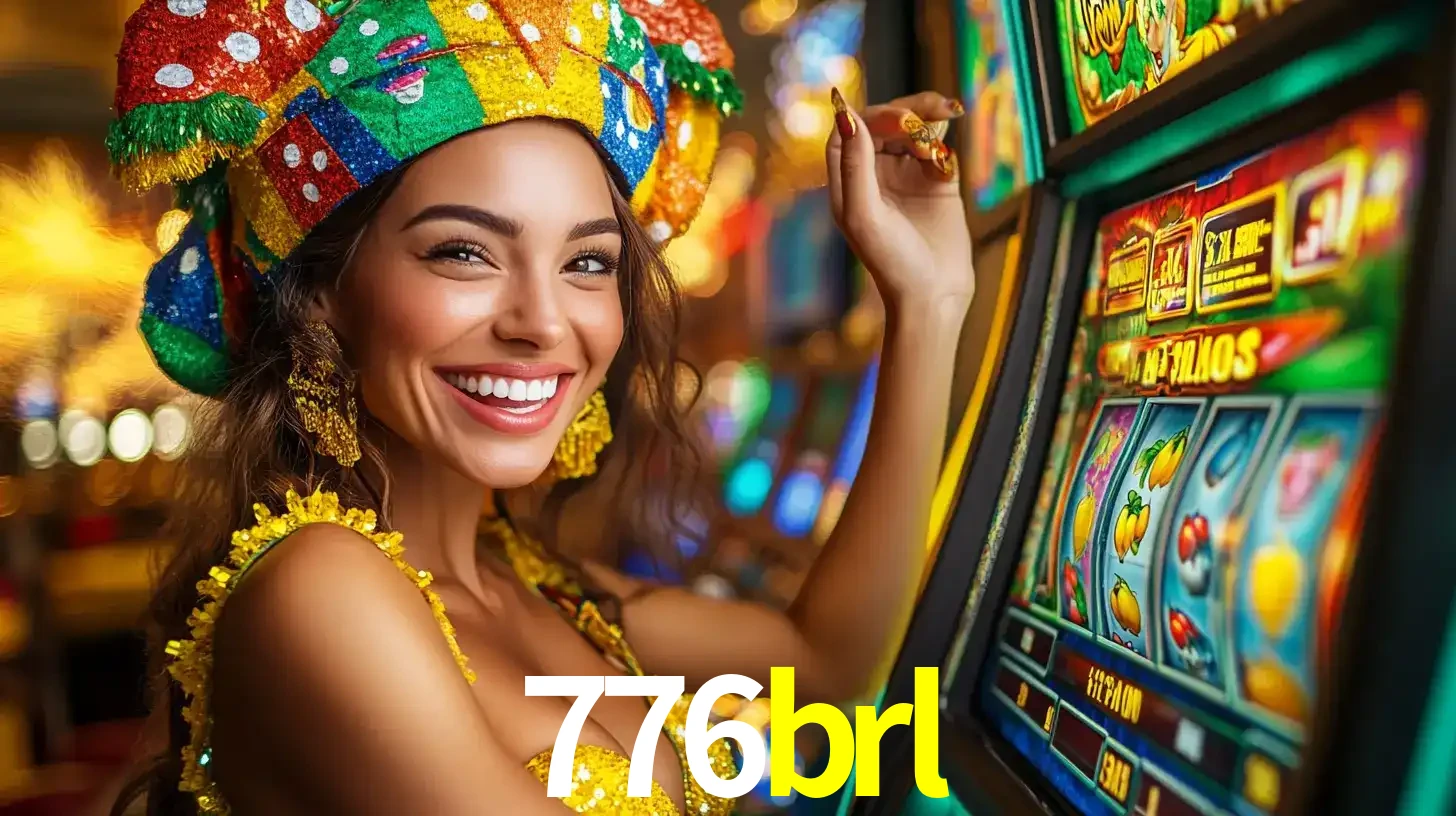 Mulher feliz com traje de carnaval amarelo e colorido ao lado de uma máquina de caça-níqueis, aproveitando a diversão e os jogos temáticos do cassino 776brl.