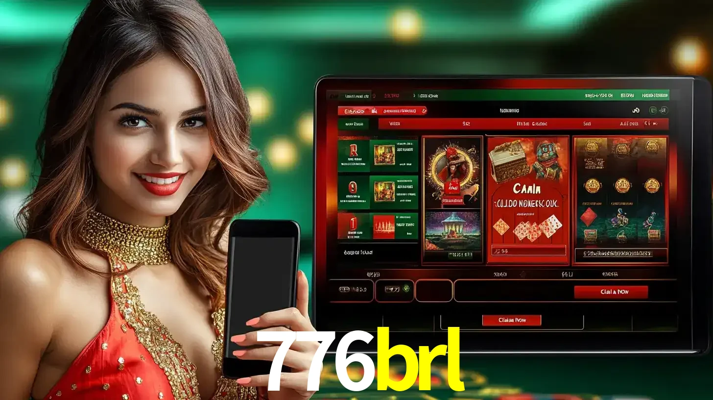 Mulher sorridente segurando um smartphone, ao lado de uma tela exibindo o lobby de jogos do cassino online 776brl, com várias opções de jogos de cartas e slots.